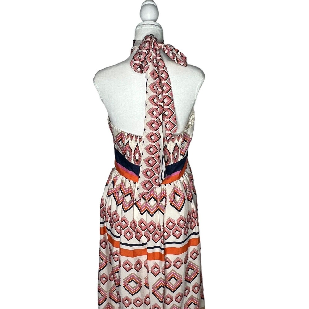 Eliza J Women Size 8 Cream Ivory High Neck Tie Halter geometric Long Maxi dress - Picture 14 of 15